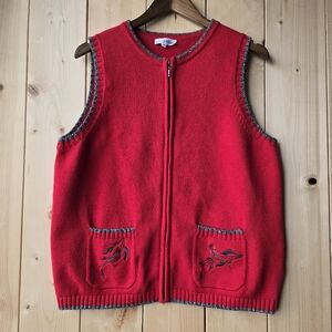 Northern Reflections Red Zip Up  Knit Sweater Vest Birds Cardinals Womens Large